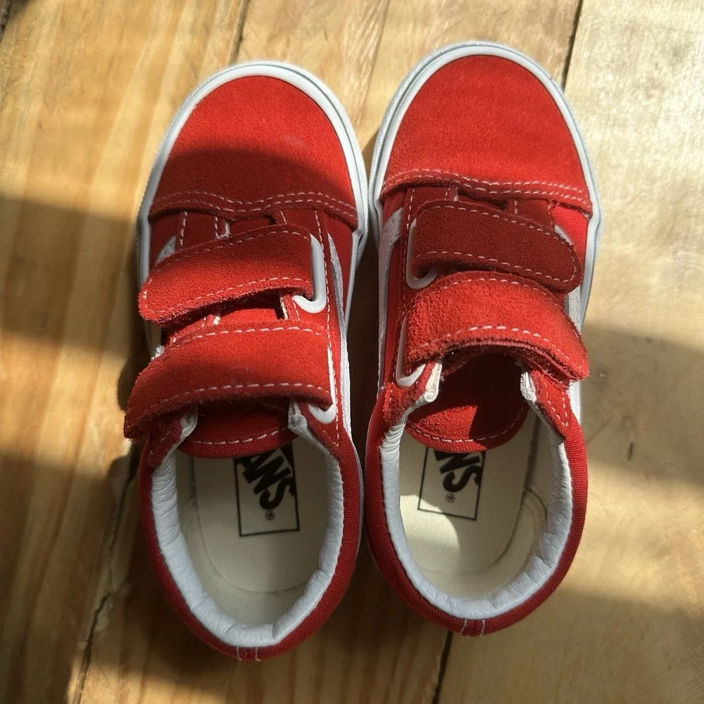 VANS Old Skool Red White Suede Canvas Sneakers Unisex Kids US 10.5 Hook & Loop